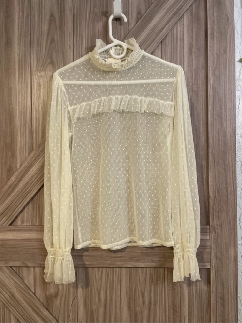 Willow Cream Sheer Swiss Dot Ruffle Mock Neck Blouse